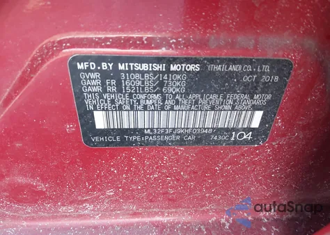 2019 Mitsubishi Mirage G4 Es z USA, uszkodzony, nr VIN ML32F3FJ9KHF03948